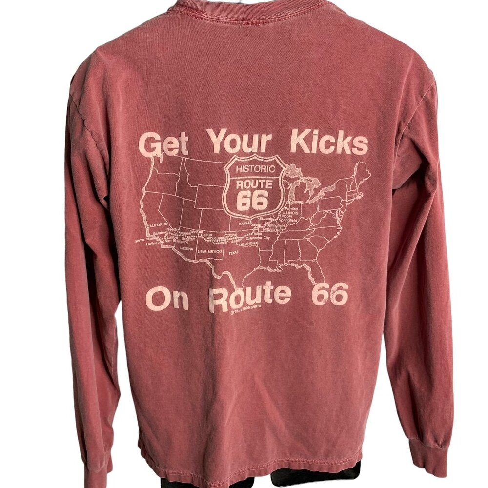 Good Shirts Route 66 Long Sleeves T Shirt M Red Crewneck Pocket Double Sided